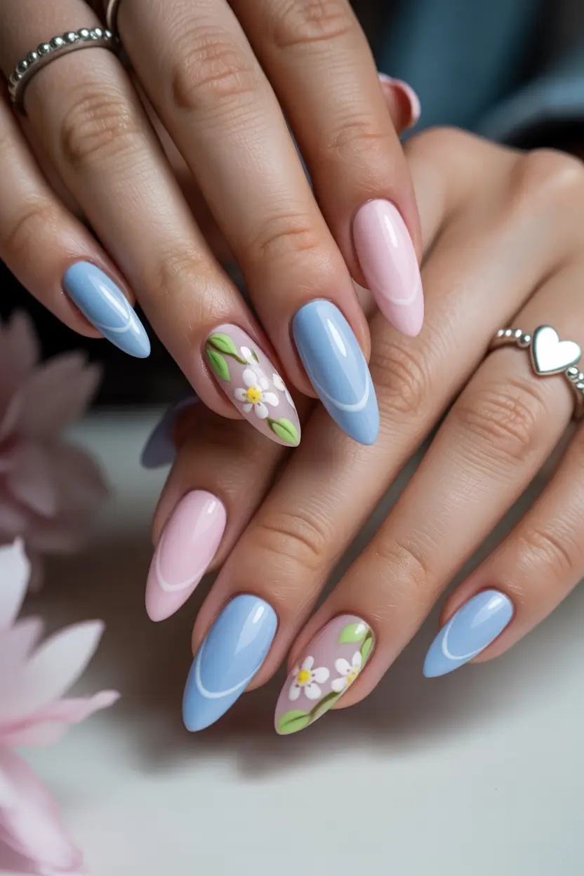 spring almond nails 2026 Soft Blue and Pink Almond Nails with Floral Art