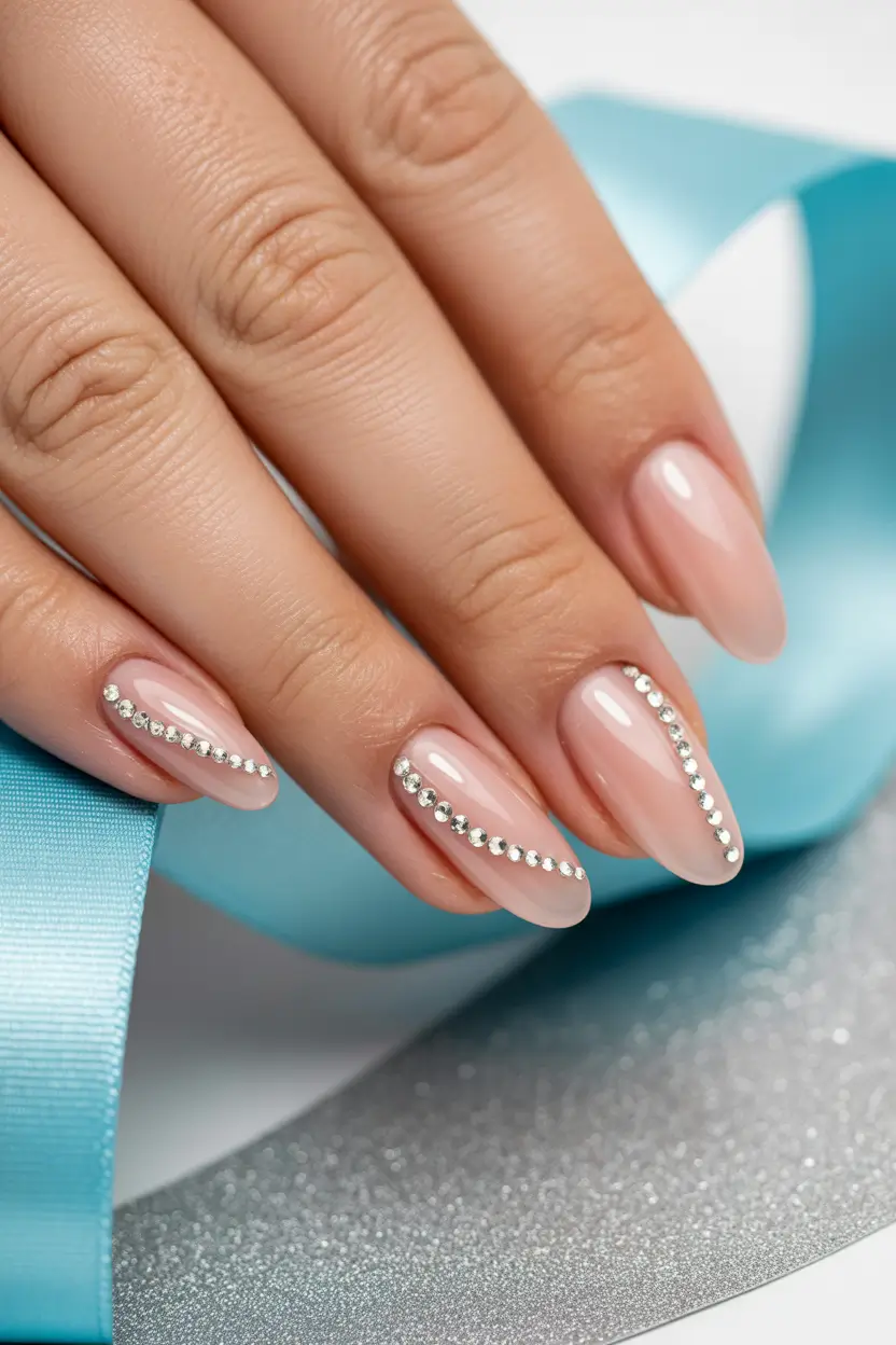spring almond nails 2026 Clean Nude Almond Nails With Crystal Lines