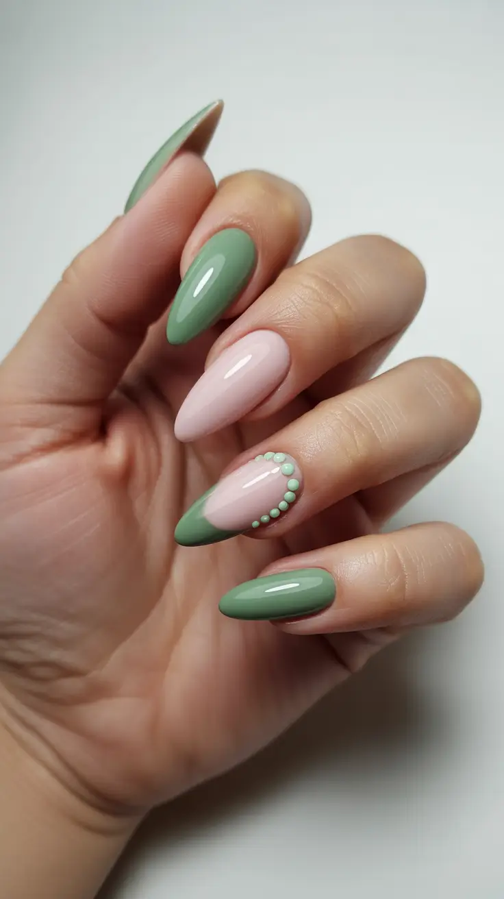 spring almond nails 2026 Soft Green French Almond With Pastel Beads