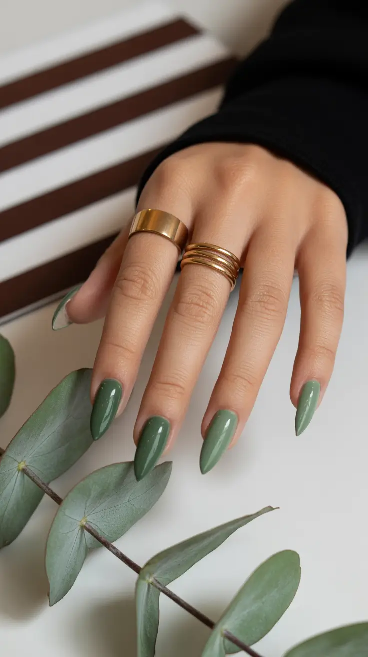 spring almond nails 2026 Glossy Olive Green Almond For Everyday Chic