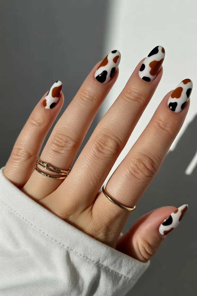 spring almond nails 2026 Cow Print Almond Nails With Playful Art