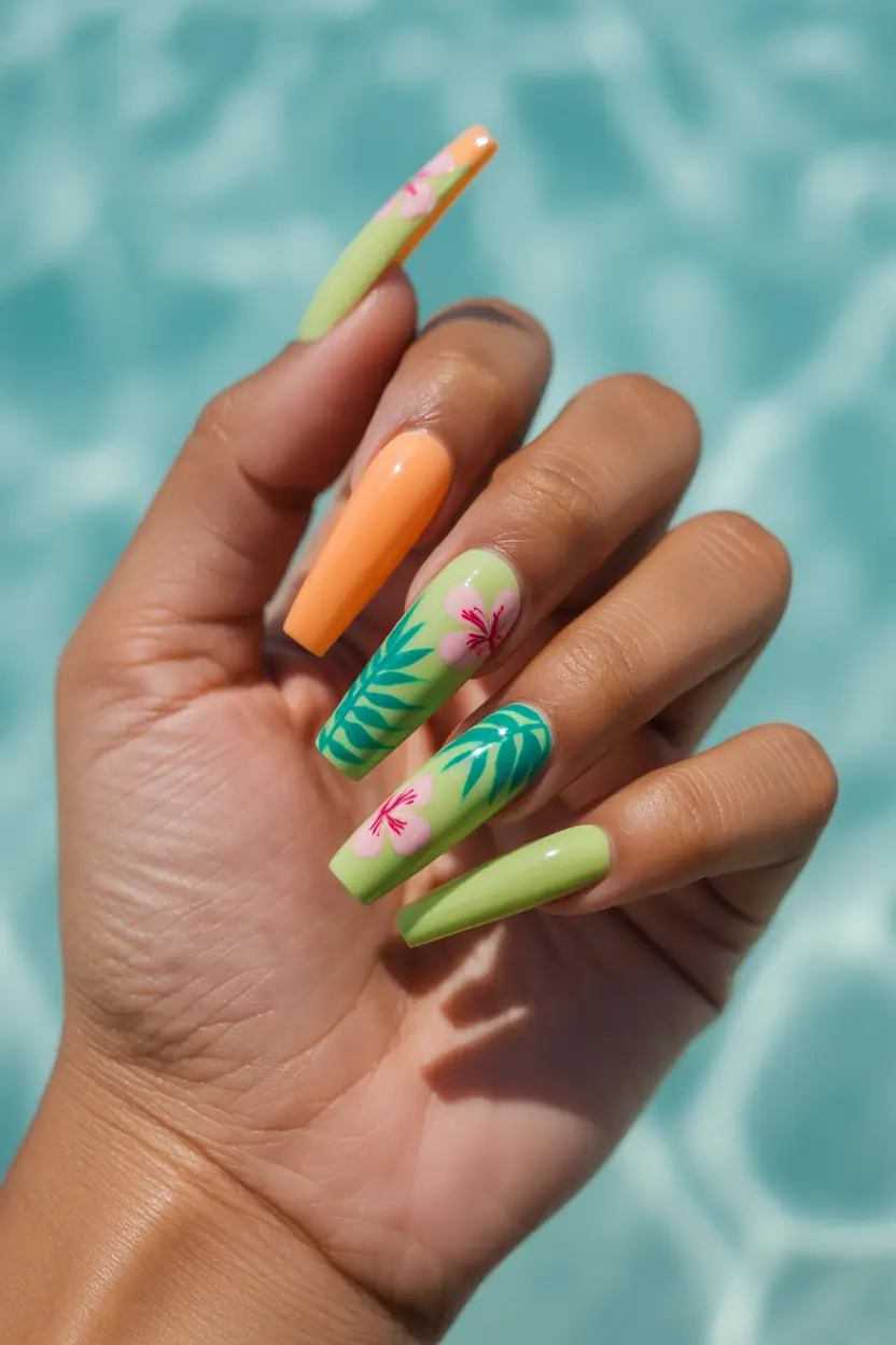 Cute Spring Break Nails 2026 Green Floral Acrylics