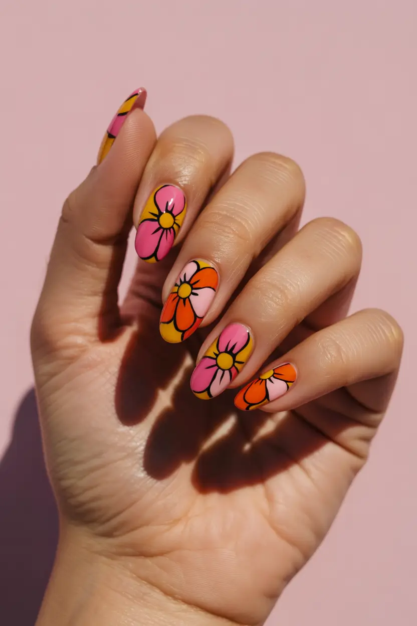 Cute Spring Break Nails 2026 Retro Floral Design