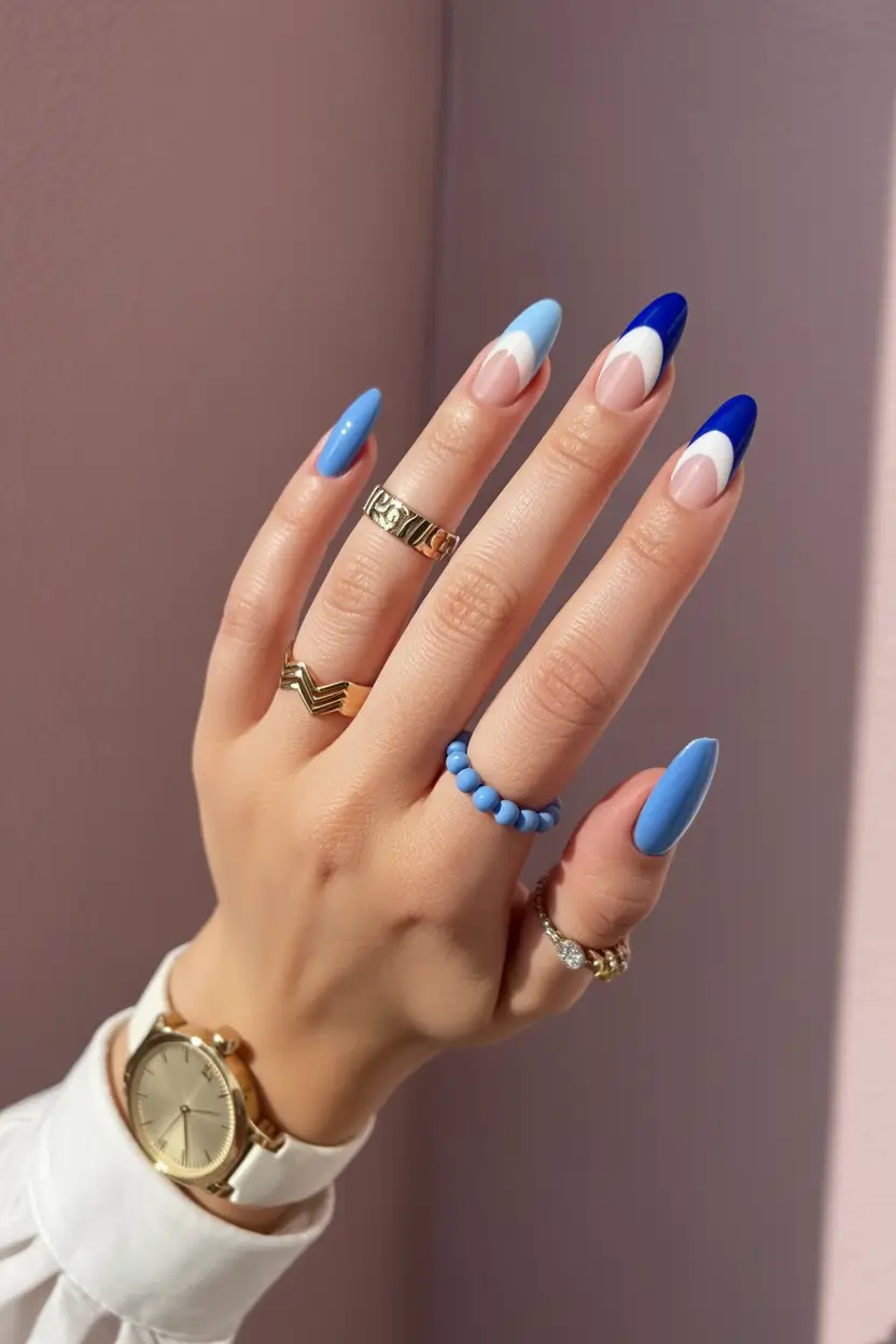 Cute Spring Break Nails 2026 Blue French Tip Almond