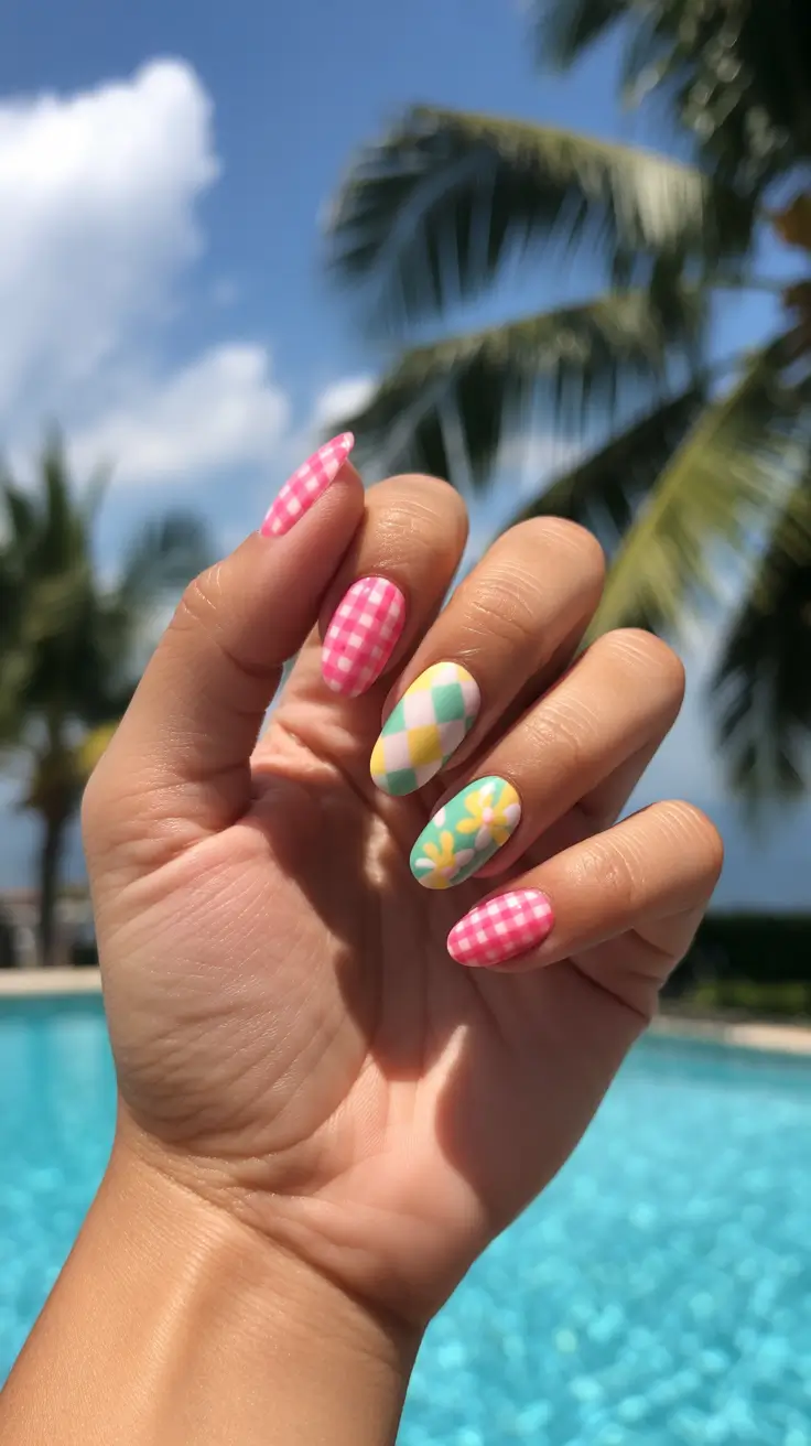 Cute Spring Break Nails 2026 Pink Gingham
