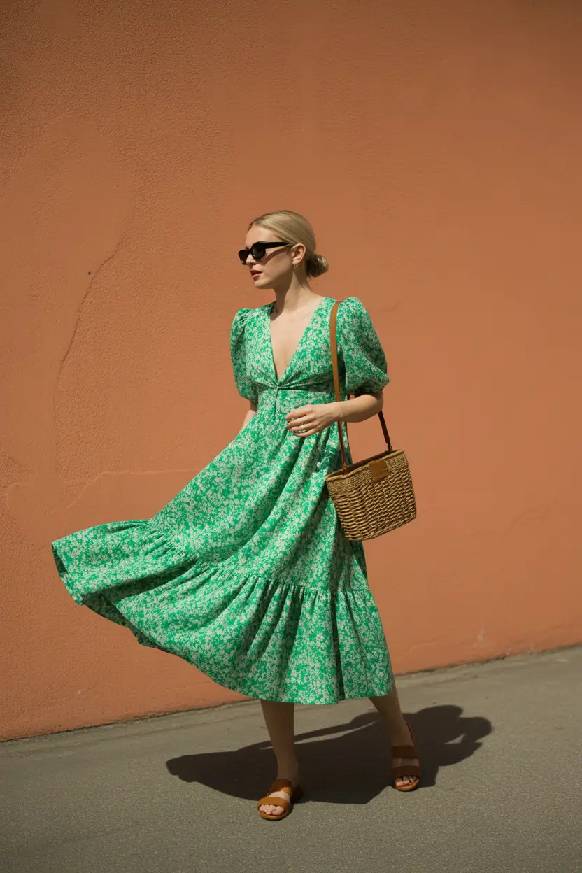 spring dress outfits 2026 Green Puff Sleeve Midi for Everyday Chic