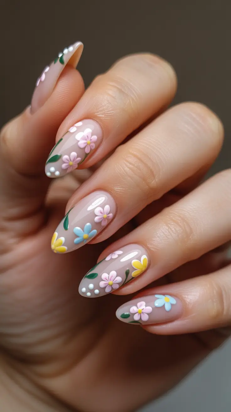 Cute Spring Gel Nails 2026 Soft Pastel Garden on Almond Nails