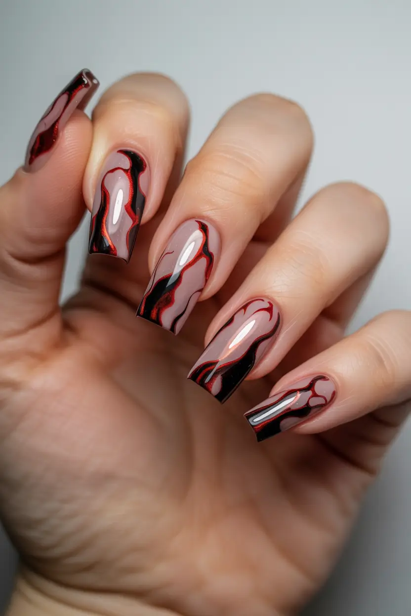 Cute Spring Gel Nails 2026 Black and Red Abstract Flame Nails
