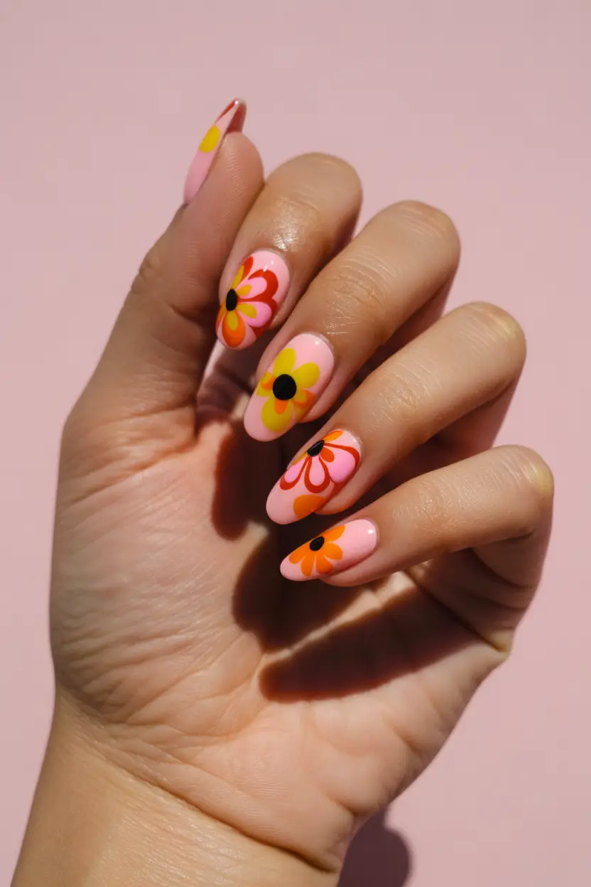 Cute Spring Gel Nails 2026 Retro Pink and Orange Flower Power