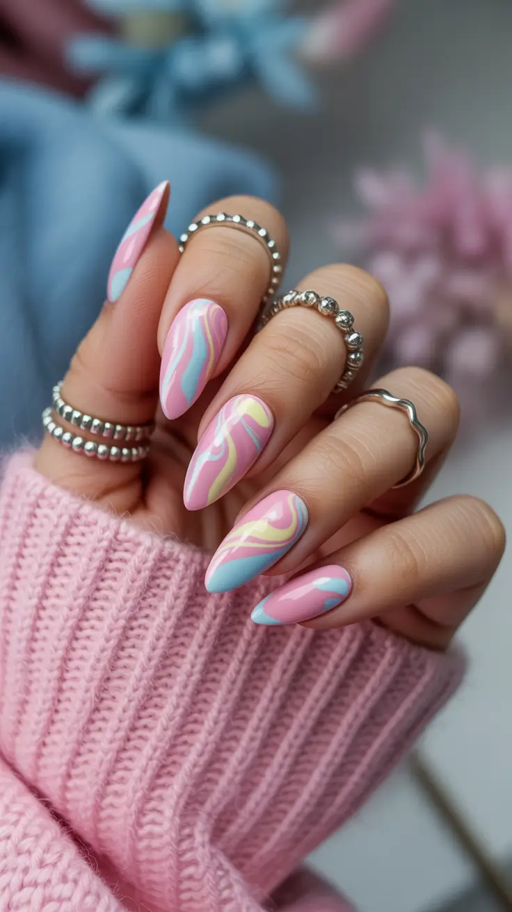 Cute Spring Gel Nails 2026 Pastel Swirl Almond Nails