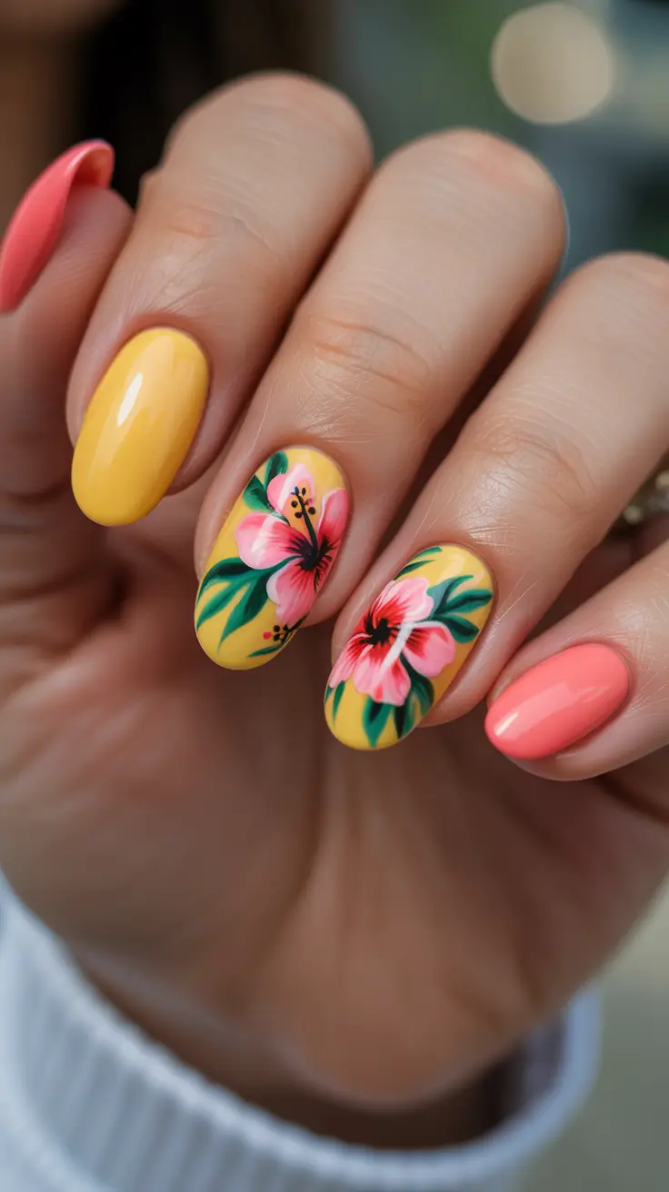 Cute Spring Gel Nails 2026 Sunny Yellow and Coral Hibiscus Art