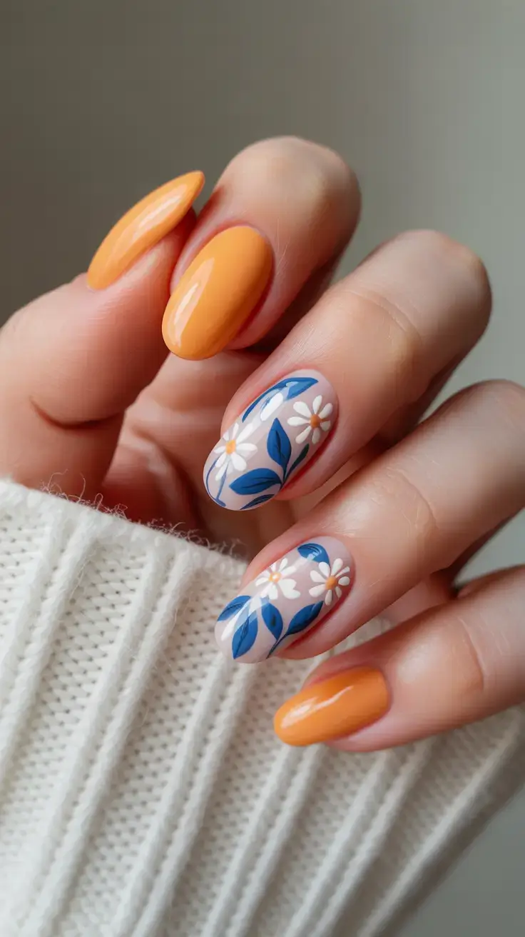 Cute Spring Gel Nails 2026 Orange Gloss with Blue Daisy Accents