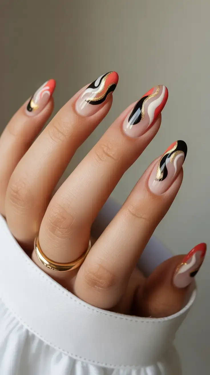 Cute Spring Gel Nails 2026 Graphic Waves in Coral and Gold - Almond Spring Statement