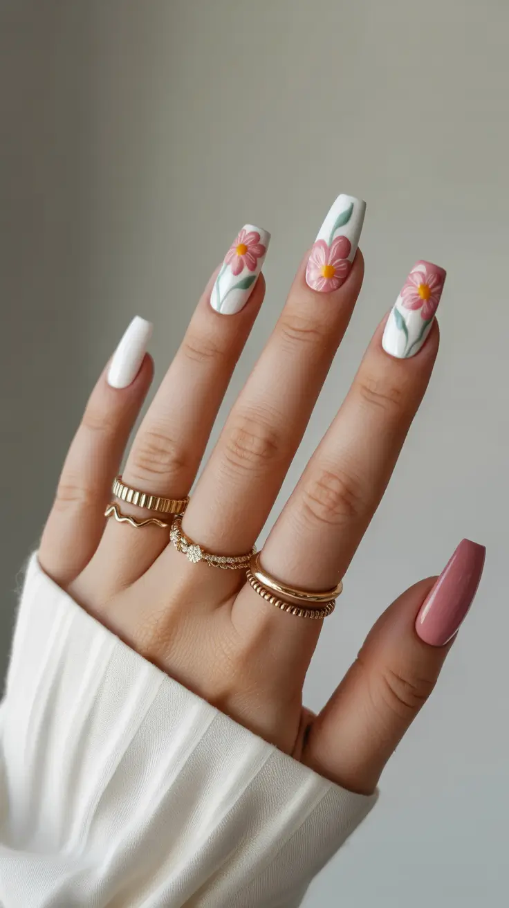 Cute Spring Gel Nails 2026 Soft Pink Florals on Square Tips - Romantic Spring Art