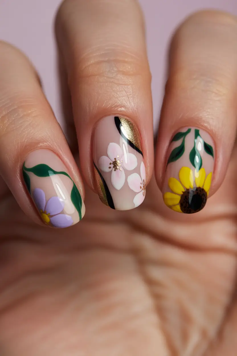 Cute Spring Gel Nails 2026 Graphic Floral Accent with Gold Detail