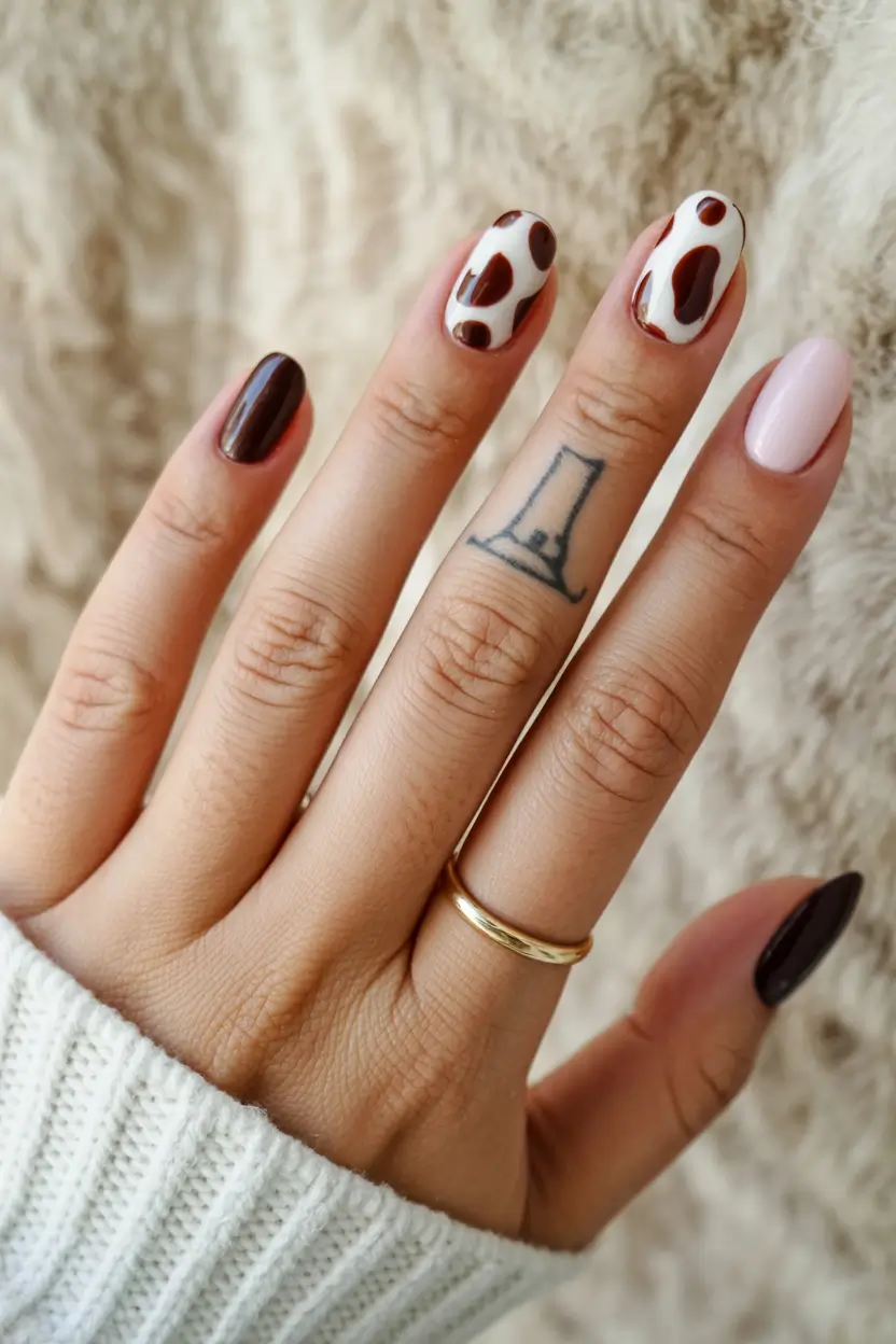 Cute Spring Gel Nails 2026 Chocolate Swirl Accent - Neutral with Personality