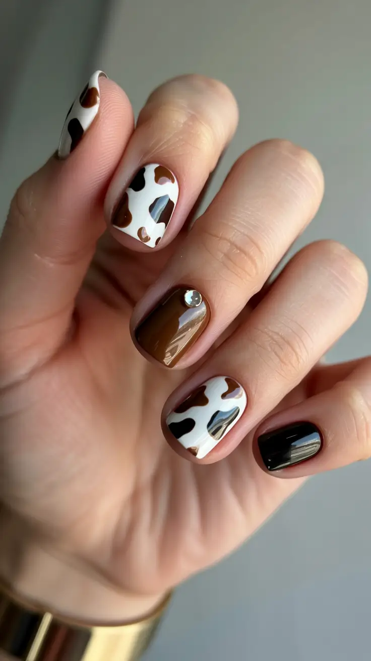 Cute Spring Gel Nails 2026 Chocolate Cow Print Short Square Nails