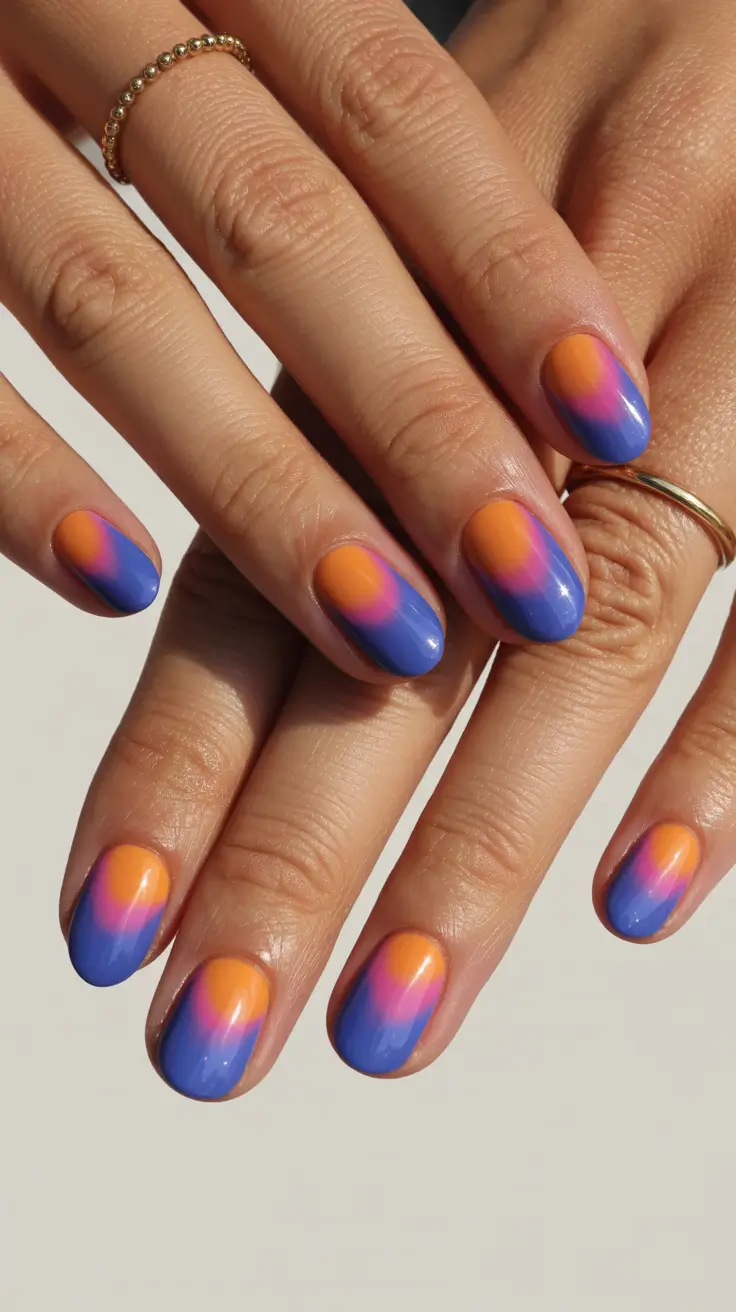 Cute Spring Gel Nails 2026 Sunset Ombre Blue and Orange Short Nails