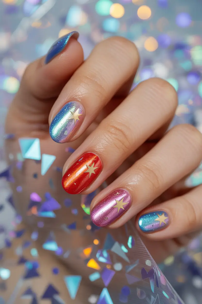 Cute Spring Gel Nails 2026 Holographic Star Art Multicolor Gel