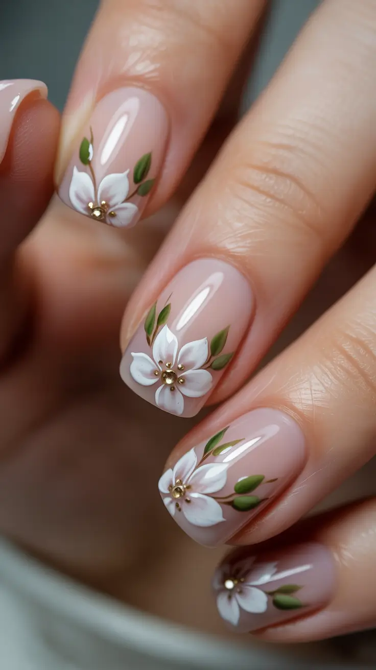 Cute Spring Gel Nails 2026 Simple Pink Short Nails with White Blossom Art