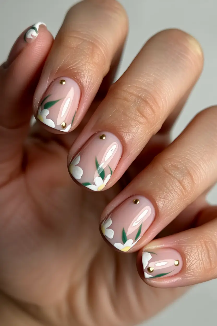 Cute Spring Gel Nails 2026 Minimal Floral Tips with Gold Stud Accents