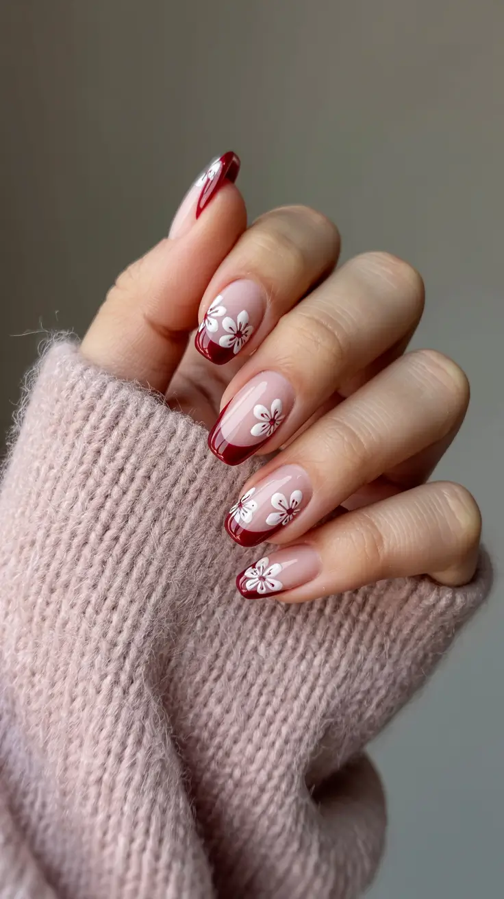 Cute Spring Gel Nails 2026 Cherry Red French with White Spring Blossoms