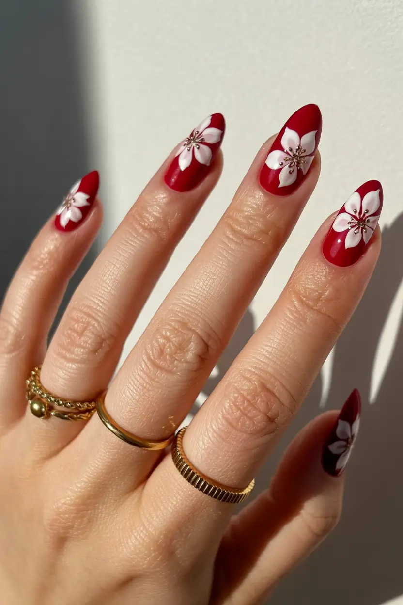 Cute Spring Gel Nails 2026 Bold Red Almond Nails with White Blossoms