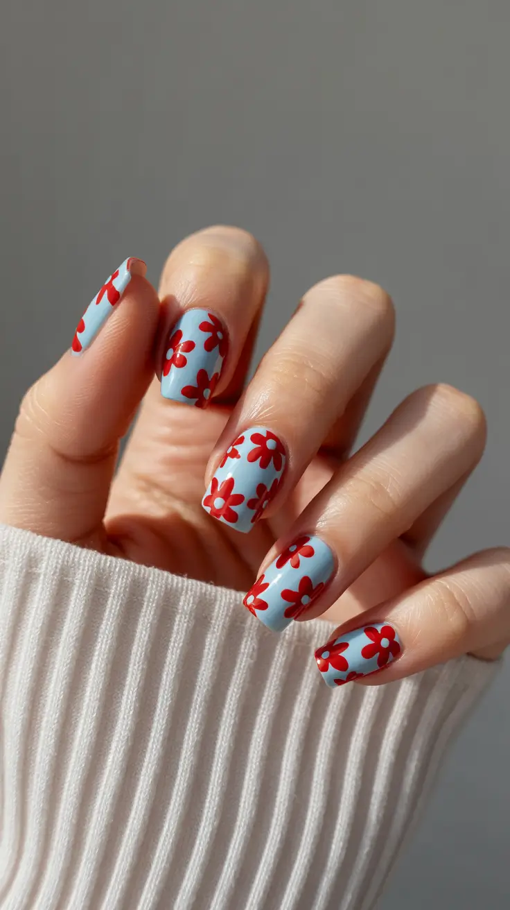 Cute Spring Gel Nails 2026 Blue and Red Retro Floral Short Square