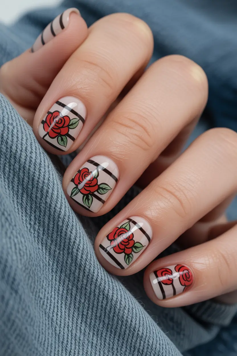 Cute Spring Gel Nails 2026 Neutral Plaid with Red Rose Art