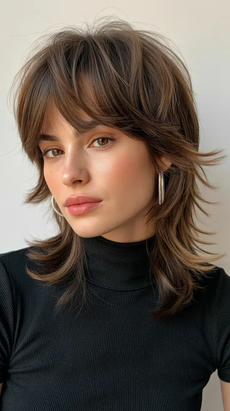 spring Haircuts for diamond Face Shape 2026 Soft Layered Shag With Airy Bangs