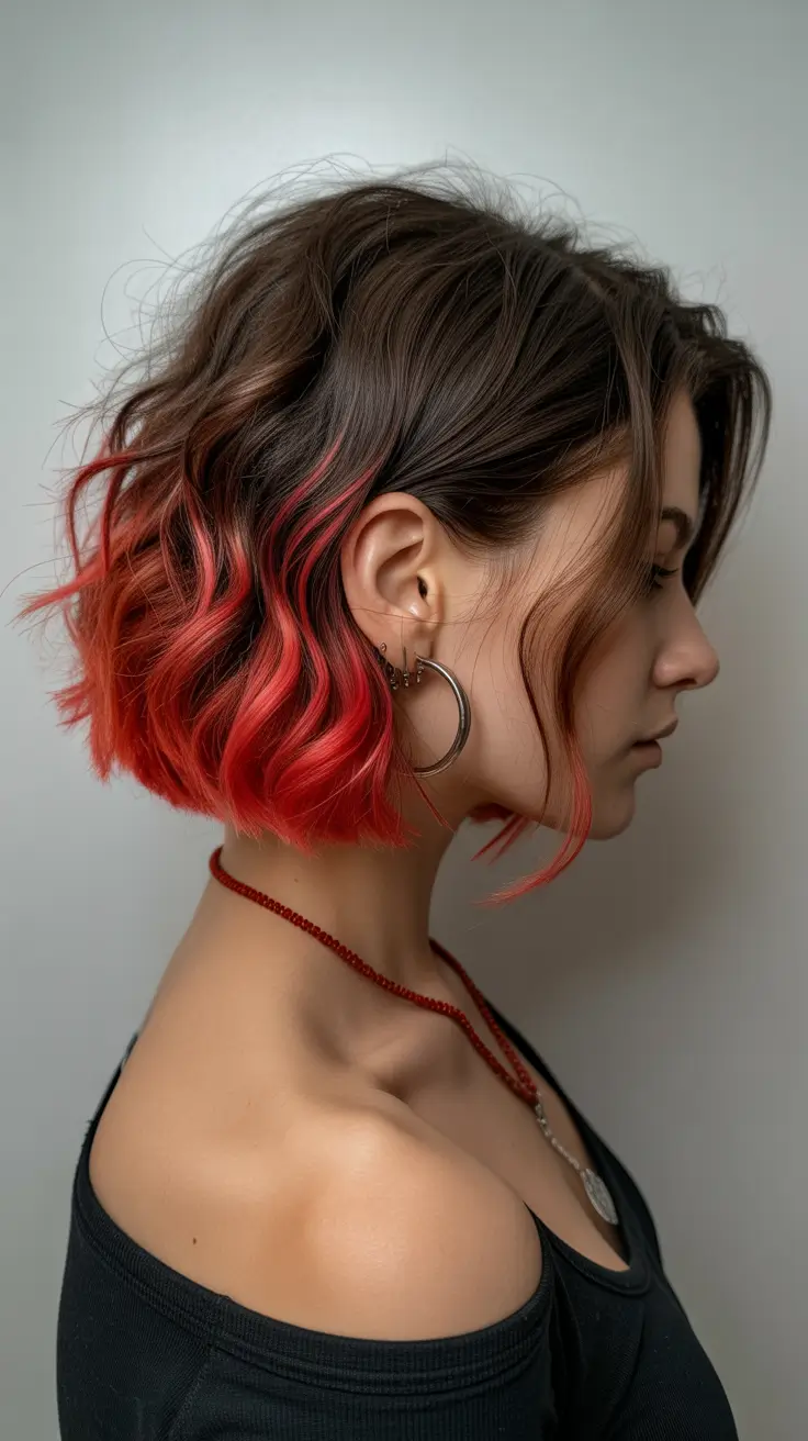 spring Haircuts for diamond Face Shape 2026 Edgy Textured Bob With Bold Color Accent