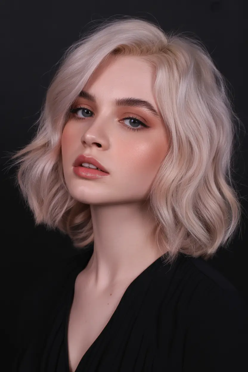spring Haircuts for diamond Face Shape 2026 Soft Blonde Wavy Bob With Airy Volume