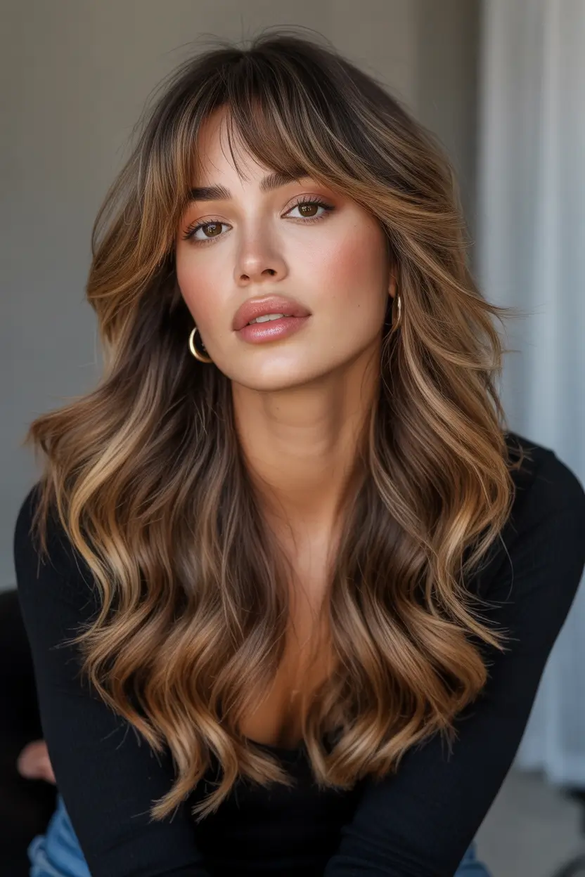 spring Haircuts for diamond Face Shape 2026 Long Butterfly Layers With Wispy Fringe