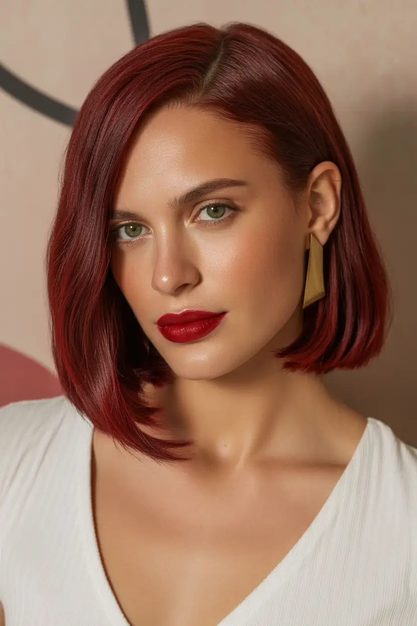 spring Haircuts for diamond Face Shape 2026 Sleek Red Precision Bob With Side Balance