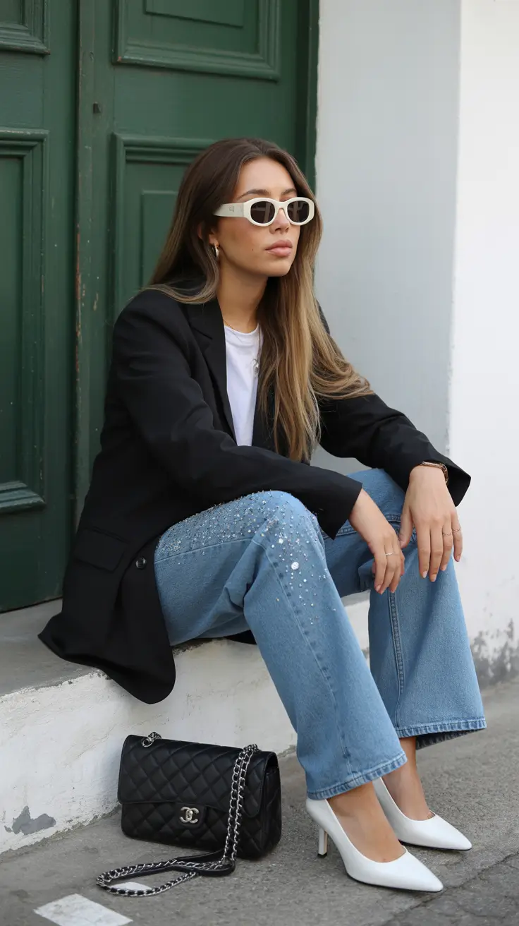 spring jeans outfit 2026 Relaxed Black Blazer and Light-Wash Denim