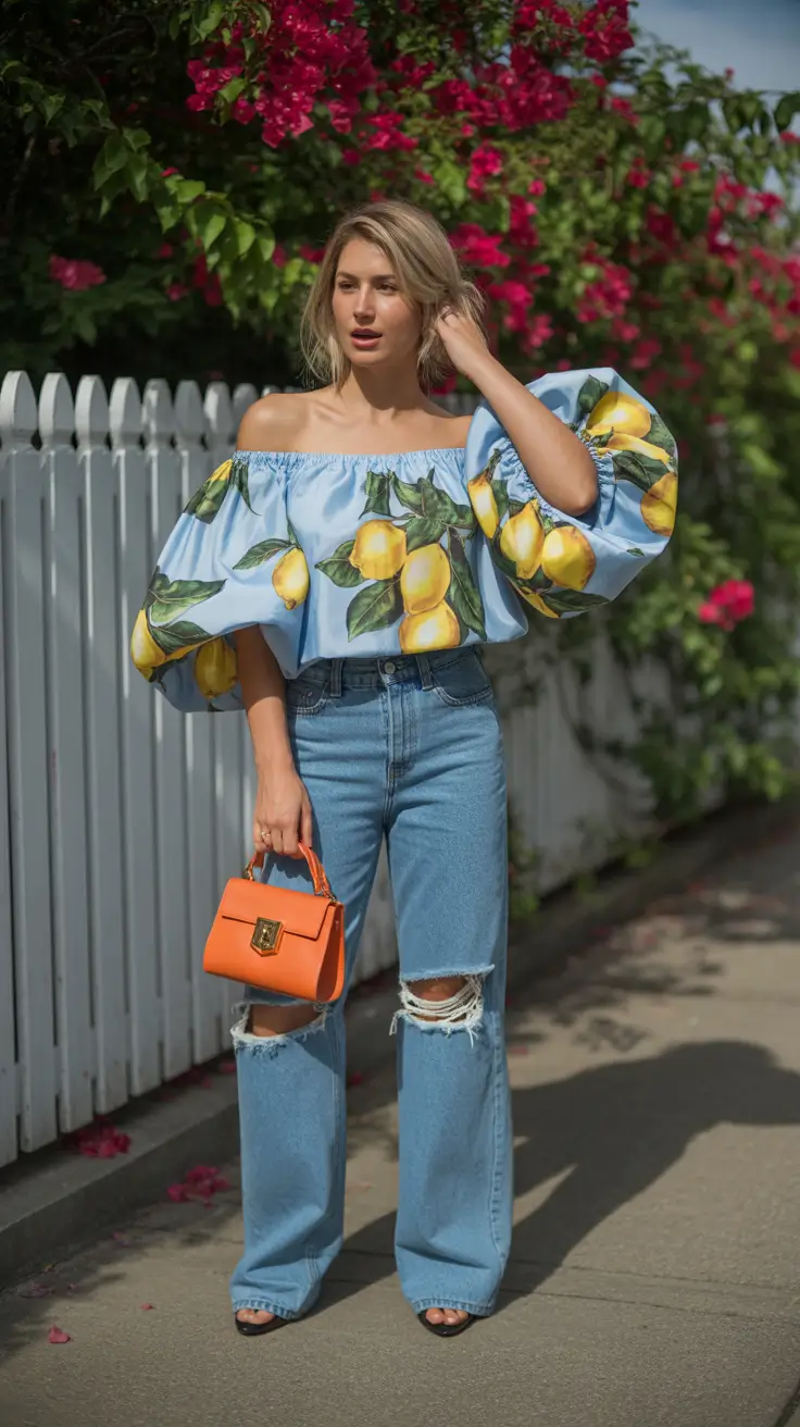 spring jeans outfit 2026 Lemon Print Off-Shoulder Top with Ripped Wide Jeans