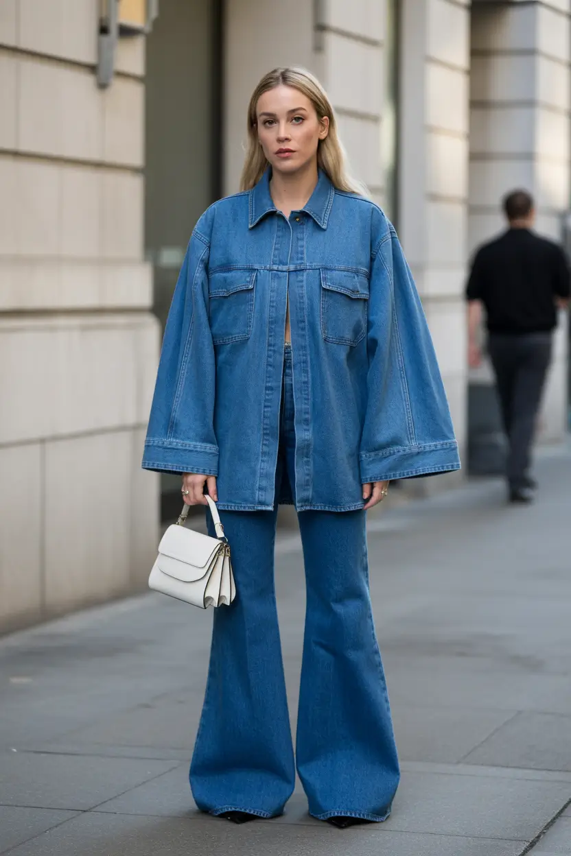 spring jeans outfit 2026 Dark Denim Set with Statement Wide-Leg Jeans