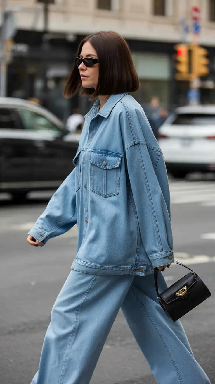 spring jeans outfit 2026 Light Denim Jacket and Baggy Jeans Street Chic