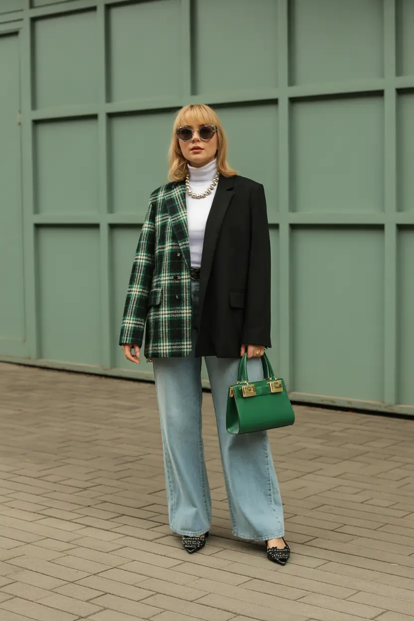 spring jeans outfit 2026 Mixed Plaid Blazer with Soft Denim