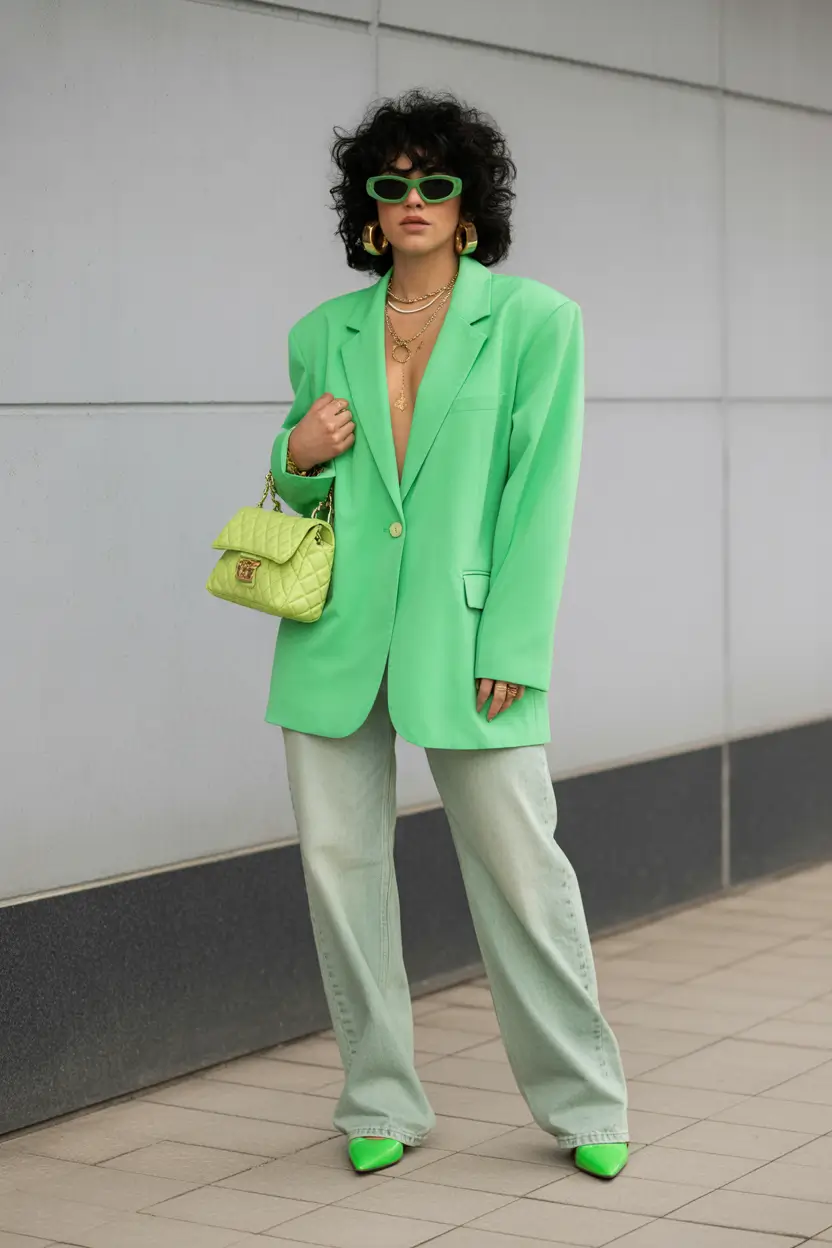 spring jeans outfit 2026 Green Blazer Statement with Relaxed Jeans