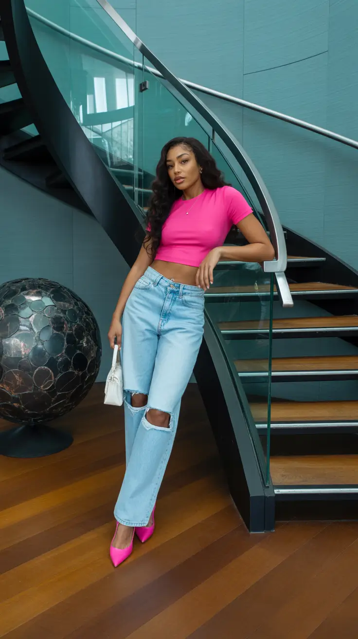 spring jeans outfit 2026 Bright Crop Top and Distressed Jeans