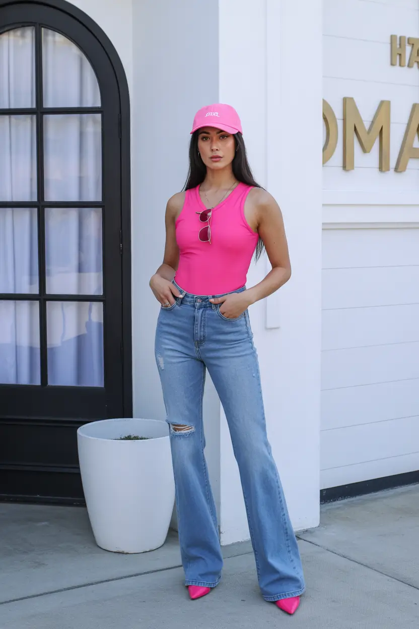 spring jeans outfit 2026 Hot Pink Tank and Flared Jeans Energy