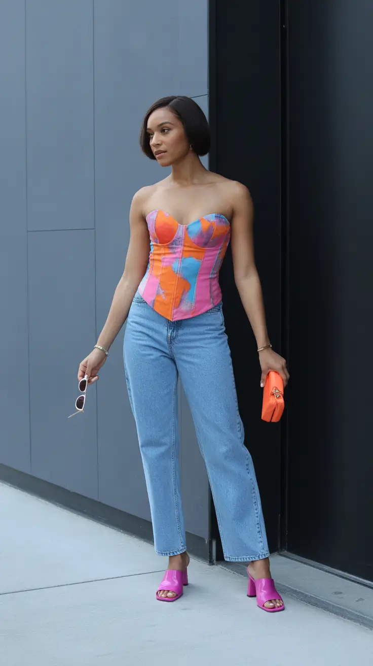 spring jeans outfit 2026 Corset Top with Straight Jeans and Color Pop