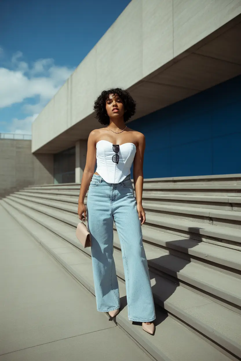 spring jeans outfit 2026 White Corset and Wide-Leg Denim Minimal Chic