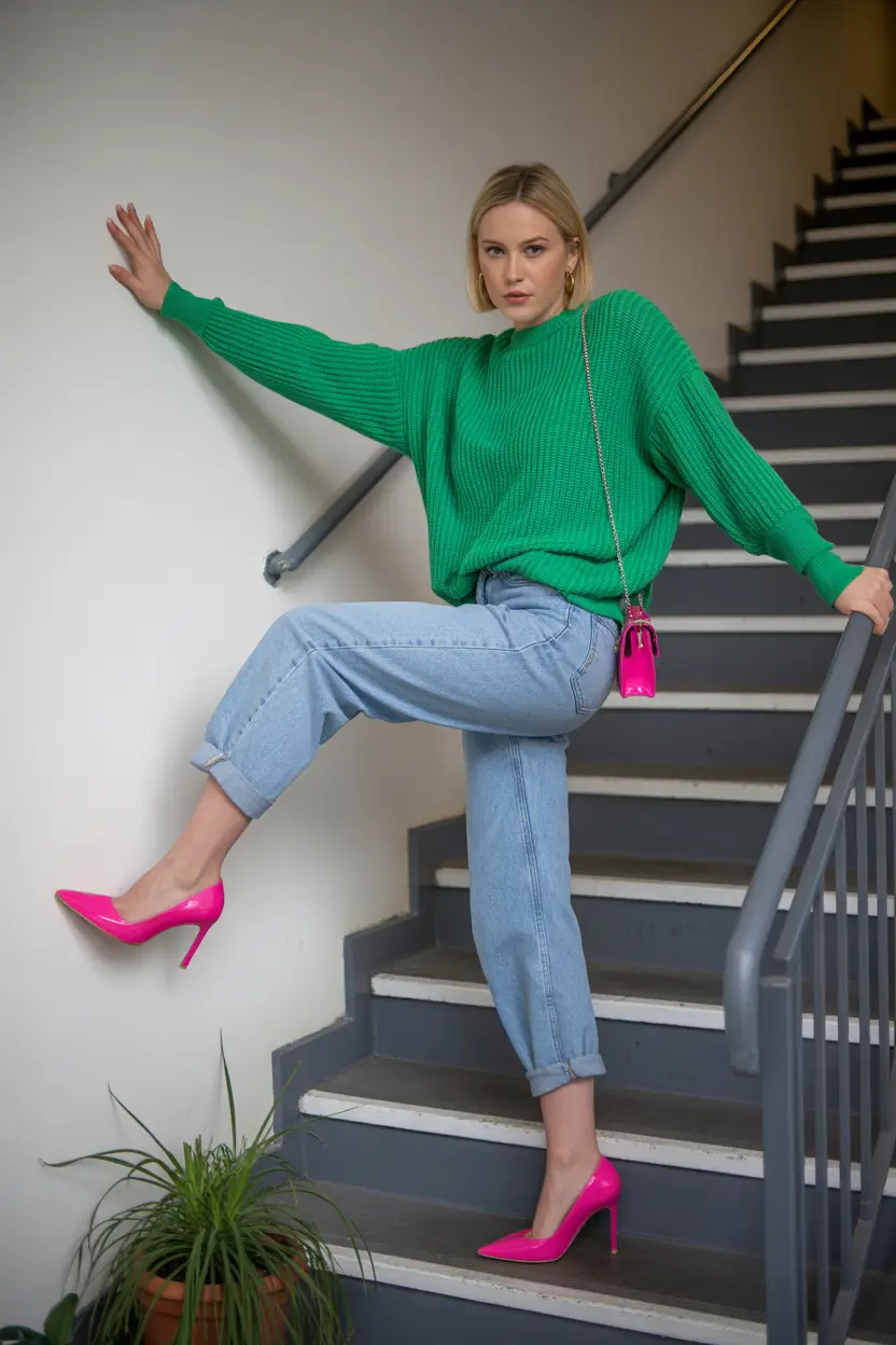 spring jeans outfit 2026 Green Sweater with Cuffed Jeans and Pink Heels