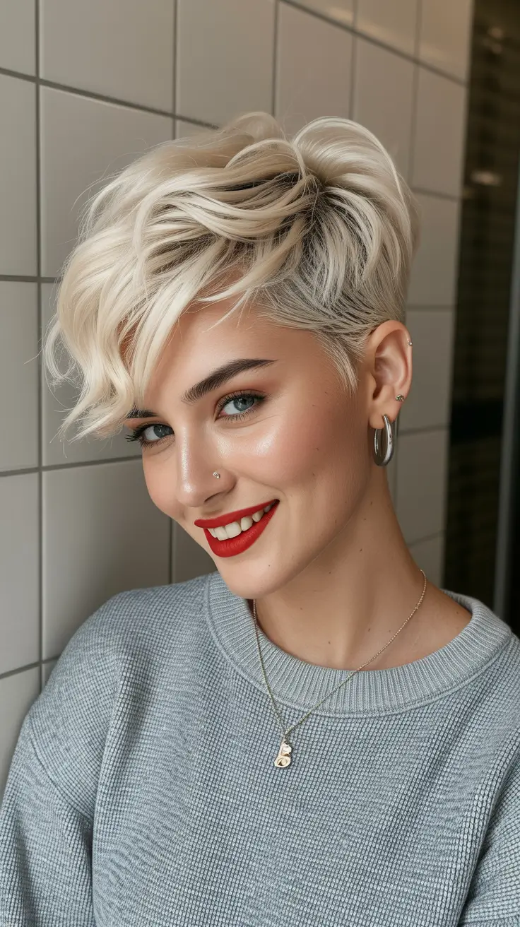 spring long pixie haircut 2026 Platinum Sweep with Side Volume