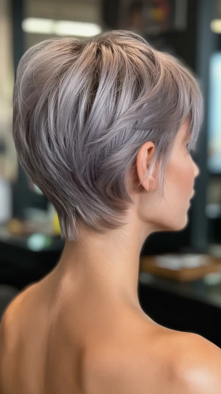 spring long pixie haircut 2026 Feathered Ash Blonde with Sculpted Nape