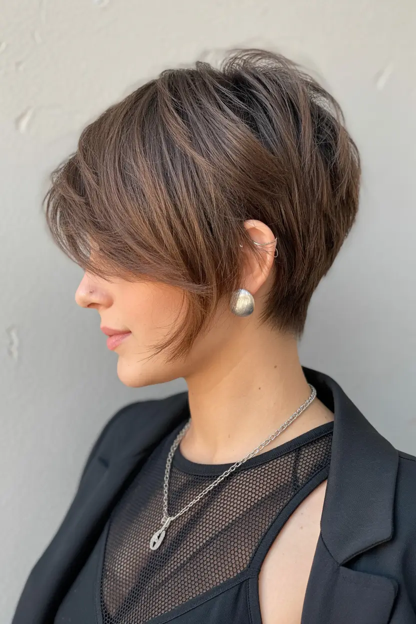 spring long pixie haircut 2026 Chocolate Brown Long Pixie with Side Sweep