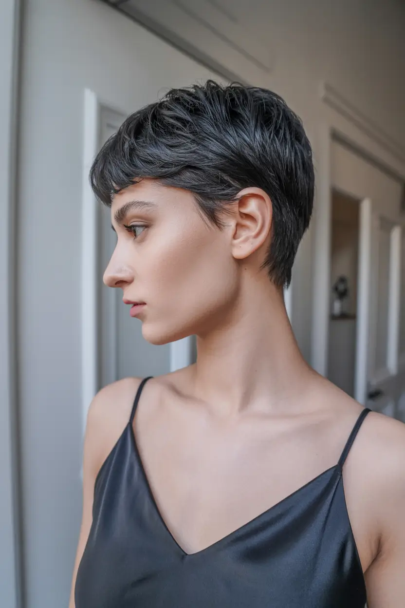 spring long pixie haircut 2026 Soft Brunette Long Pixie with Tapered Nape