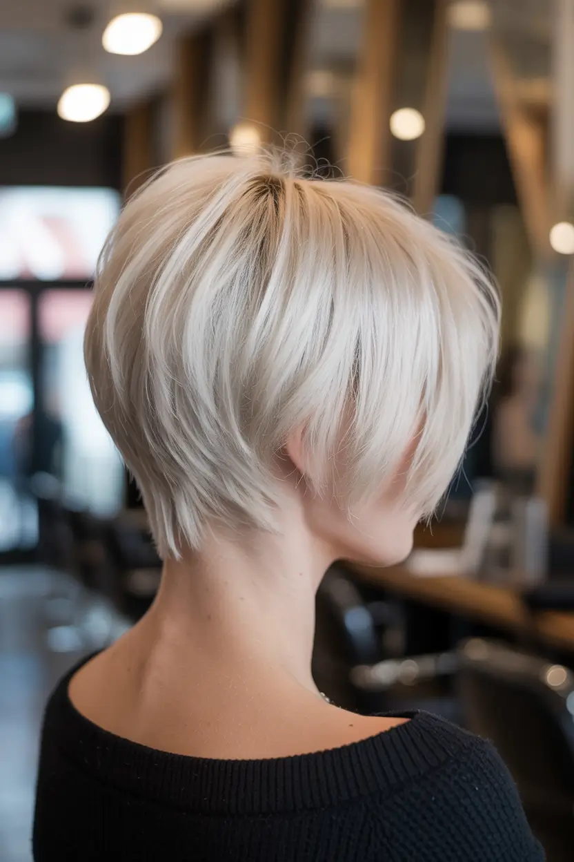 spring long pixie haircut 2026 Platinum Blonde Layered Long Pixie